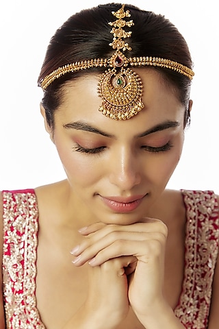 Gold Finish Ruby Synthetic Stone Temple Mathapatti by VASTRAA Jewellery