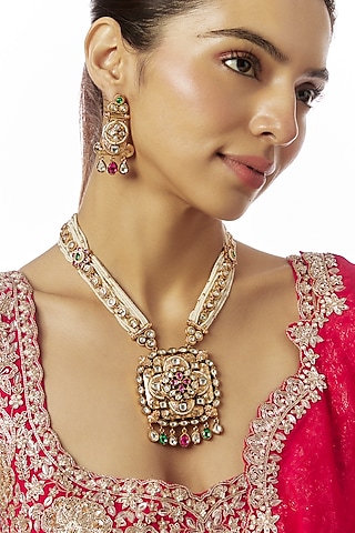 Gold Finish Kundan Polki & Multi-Colored Stone Temple Necklace Set by VASTRAA Jewellery