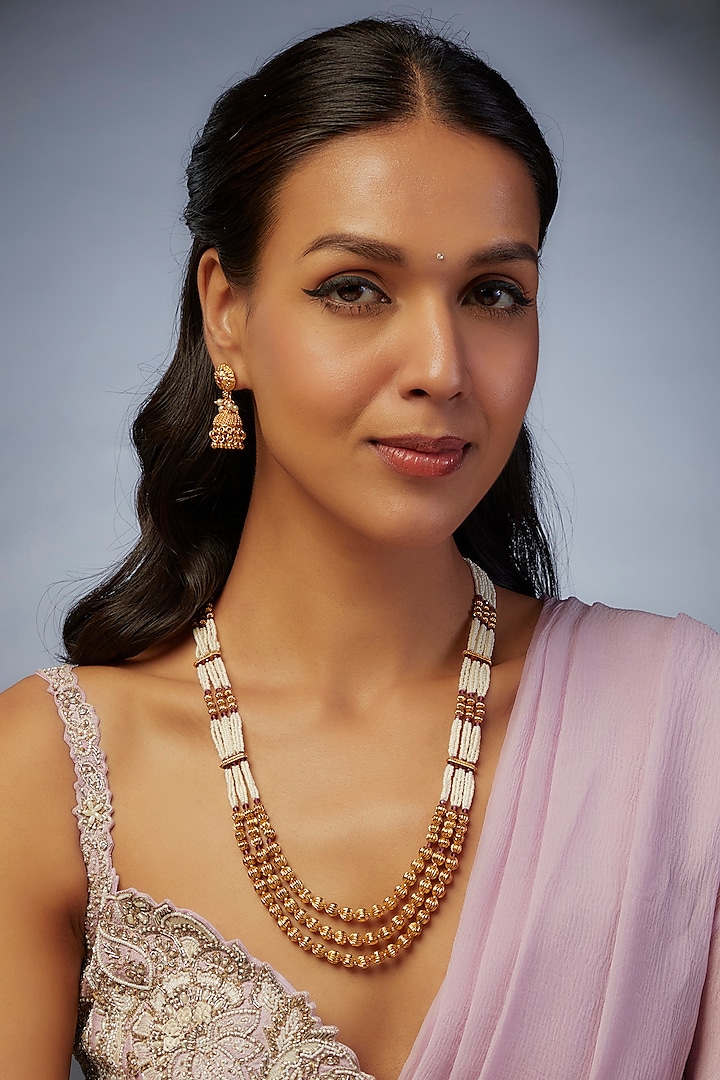 Gold Finish Kundan Polki Temple Mala Set by VASTRAA Jewellery at Pernia's Pop Up Shop