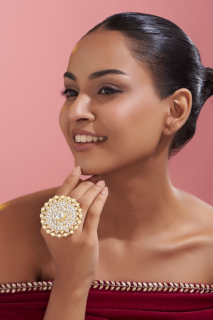 Gold Finish Kundan Polki & Pearl Ring by VASTRAA Jewellery at Pernia's Pop Up Shop