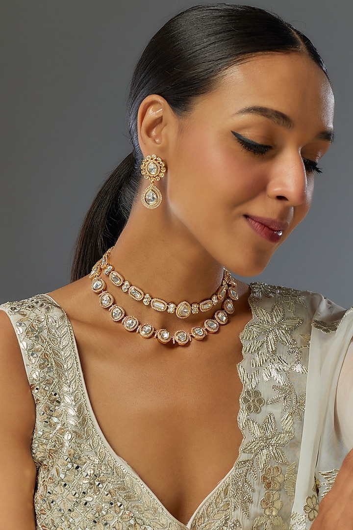 Gold Finish Kundan Polki Layered Necklace Set by VASTRAA Jewellery