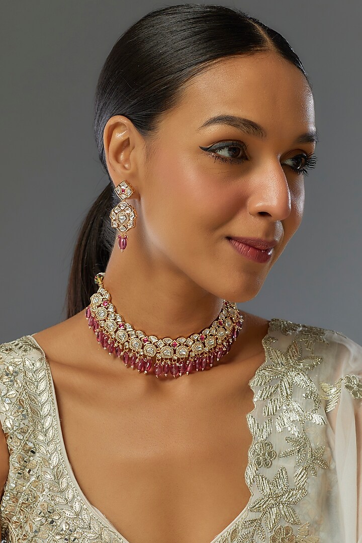 Gold Finish Kundan Polki & Red Stone Necklace Set by VASTRAA Jewellery