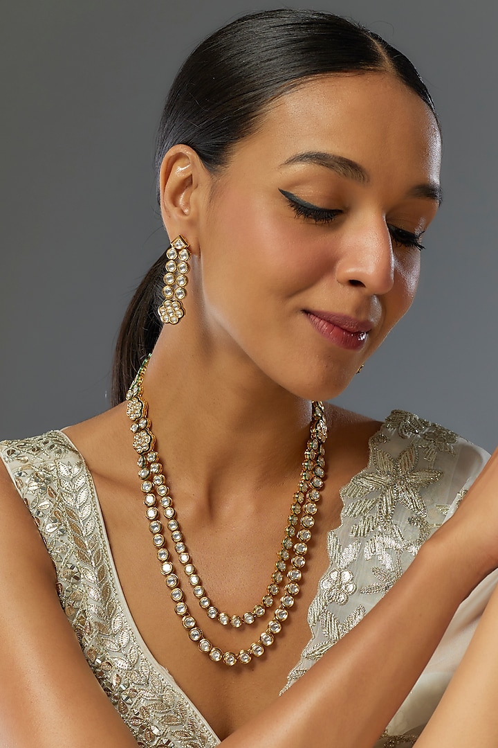 Gold Finish Kundan Polki Layered Necklace Set by VASTRAA Jewellery