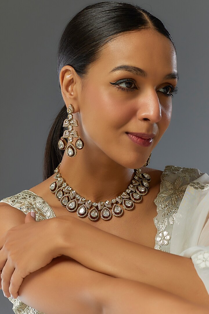 Gold Finish Kundan Polki & Ruby Necklace Set by VASTRAA Jewellery at Pernia's Pop Up Shop