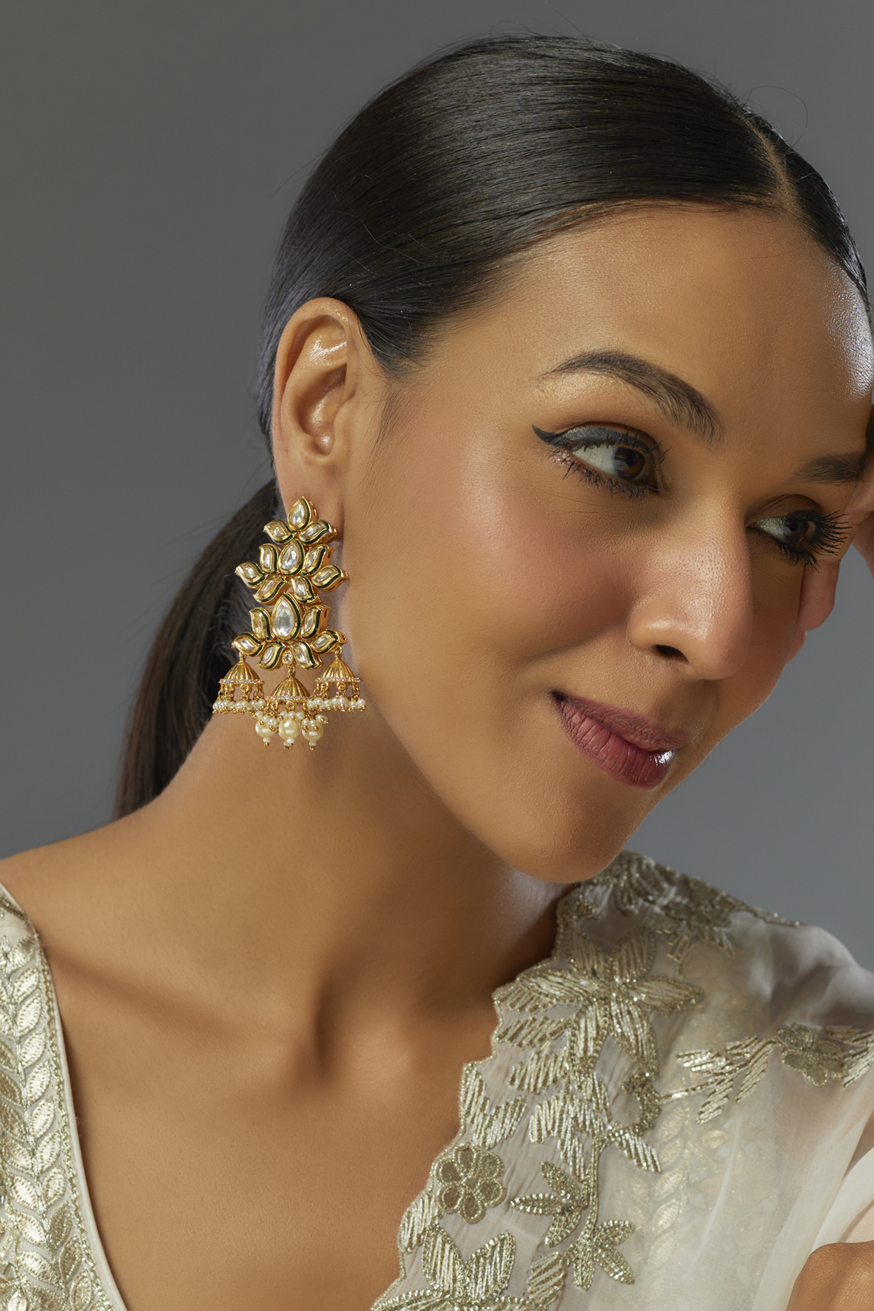Gold Finish Kundan Polki Jhumka Earrings by VASTRAA Jewellery at Pernia's Pop Up Shop