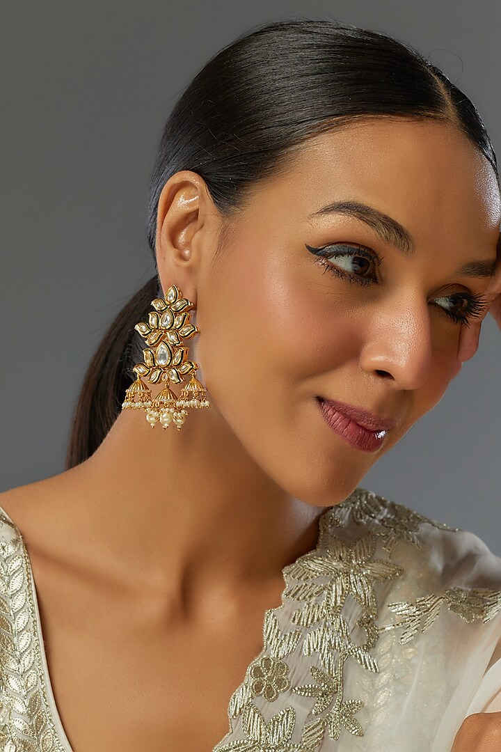 Gold Finish Kundan Polki Jhumka Earrings by VASTRAA Jewellery at Pernia's Pop Up Shop