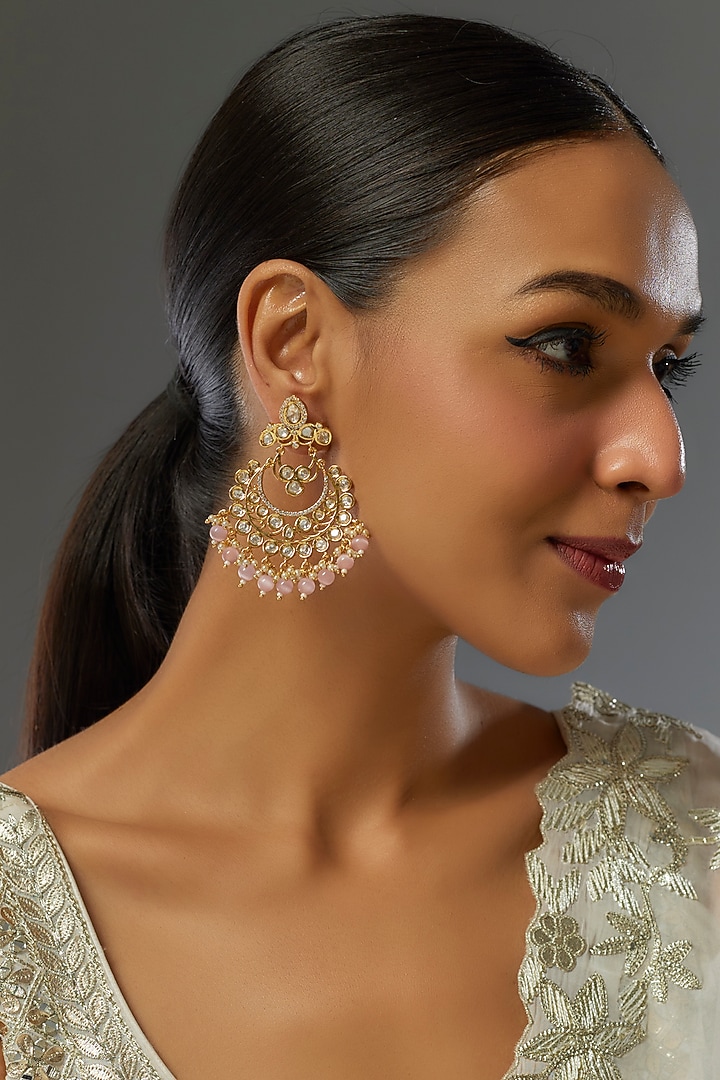 Gold Finish Kundan Polki & Pink Stone Chandbali Earrings by VASTRAA Jewellery at Pernia's Pop Up Shop