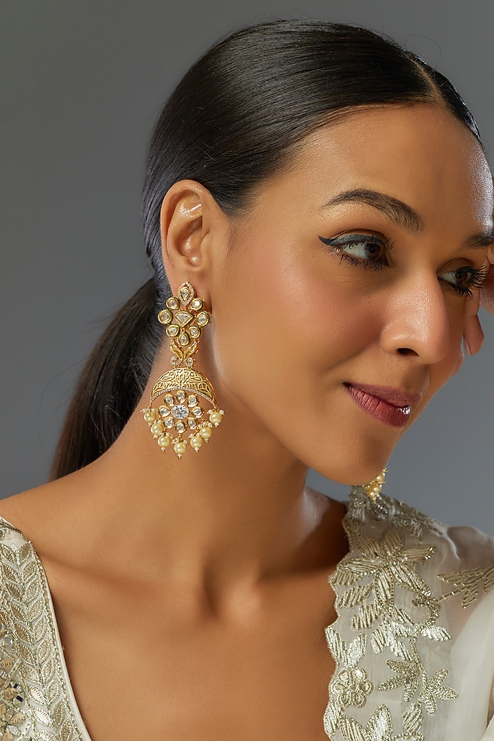Gold Finish Kundan Polki Dangler Earrings by VASTRAA Jewellery at Pernia's Pop Up Shop
