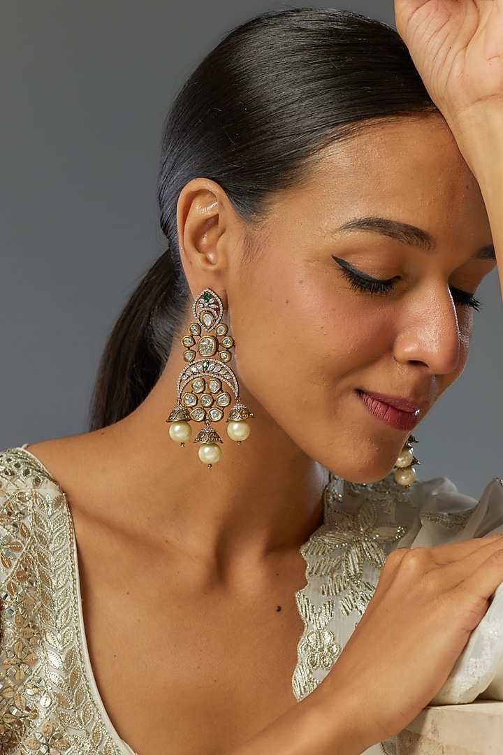 Two-Tone Finish Kundan Polki & Green Stone Jhumka Earrings by VASTRAA Jewellery at Pernia's Pop Up Shop