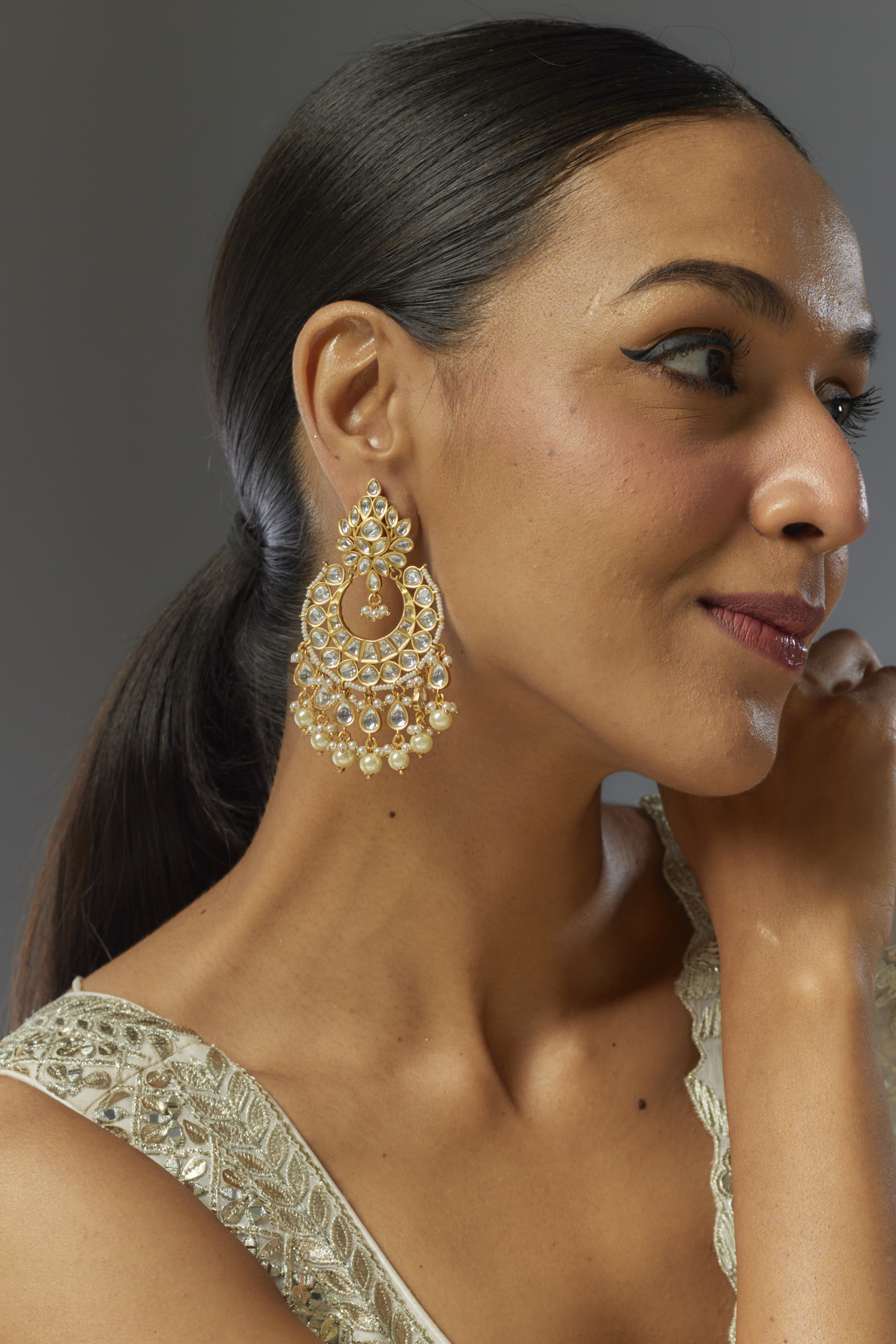Gold Finish Kundan Polki Chandbaali Earrings by VASTRAA Jewellery at Pernia's Pop Up Shop