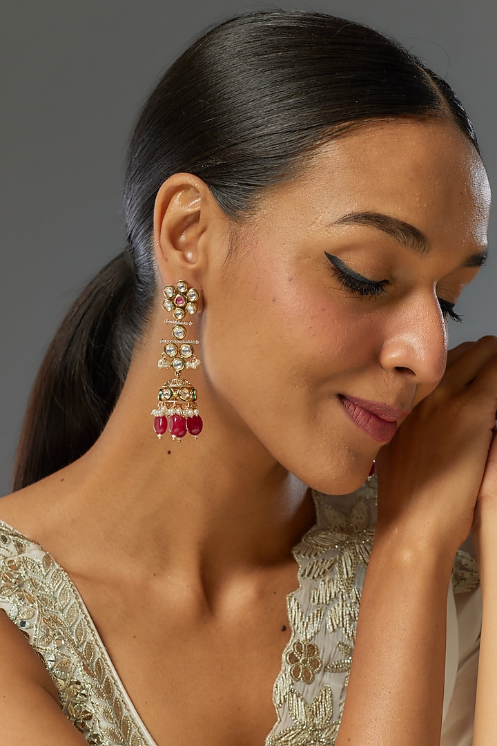 Gold Finish Kundan Polki & Red Stone Jhumka Earrings by VASTRAA Jewellery at Pernia's Pop Up Shop