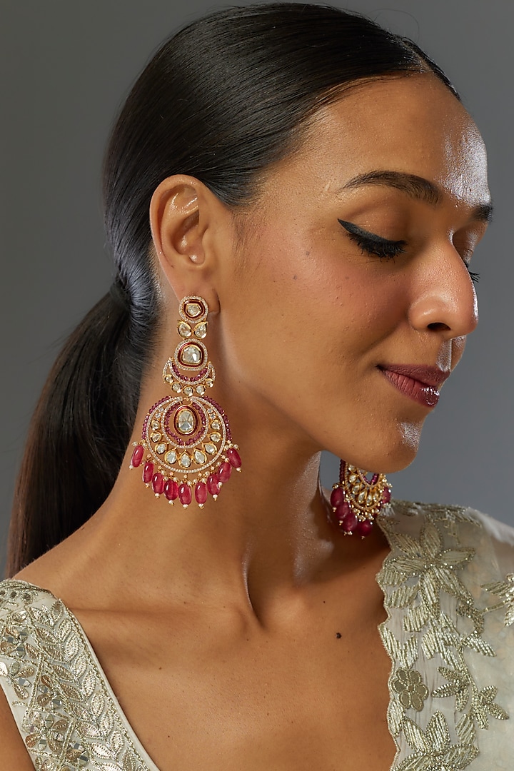 Gold Finish Kundan Polki & Red Stone Chandbaali Earrings by VASTRAA Jewellery at Pernia's Pop Up Shop