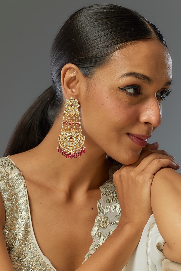 Gold Finish Kundan Polki & Red Stone Chandbaali Earrings by VASTRAA Jewellery at Pernia's Pop Up Shop