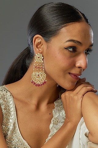 Gold Finish Kundan Polki & Red Stone Chandbaali Earrings by VASTRAA Jewellery
