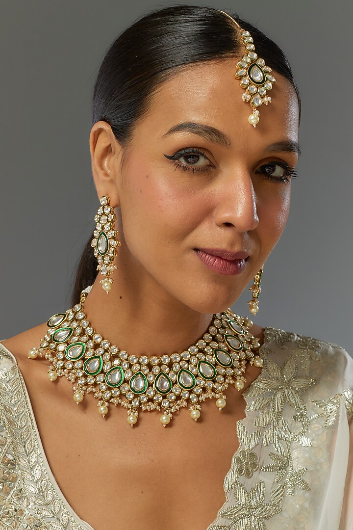 Gold Finish Kundan Polki Necklace Set by VASTRAA Jewellery at Pernia's Pop Up Shop