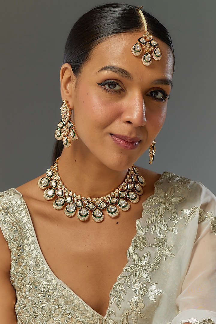 Gold Finish Kundan Polki Necklace Set by VASTRAA Jewellery at Pernia's Pop Up Shop