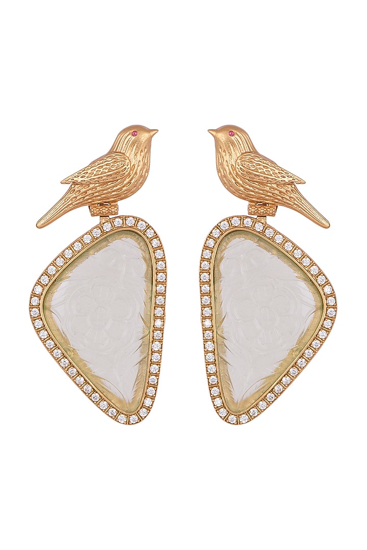 Gold Finish Green Stone Bird Earrings by VASTRAA Jewellery at Pernia's Pop Up Shop
