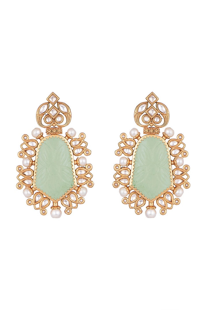Gold Finish Kundan Polki & Grey Stone Earrings by VASTRAA Jewellery at Pernia's Pop Up Shop