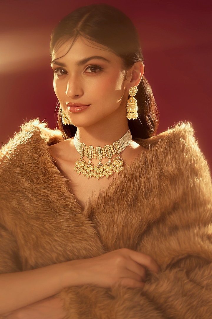 Gold Finish Kundan Polki & Pearl Choker Necklace Set by VASTRAA Jewellery at Pernia's Pop Up Shop