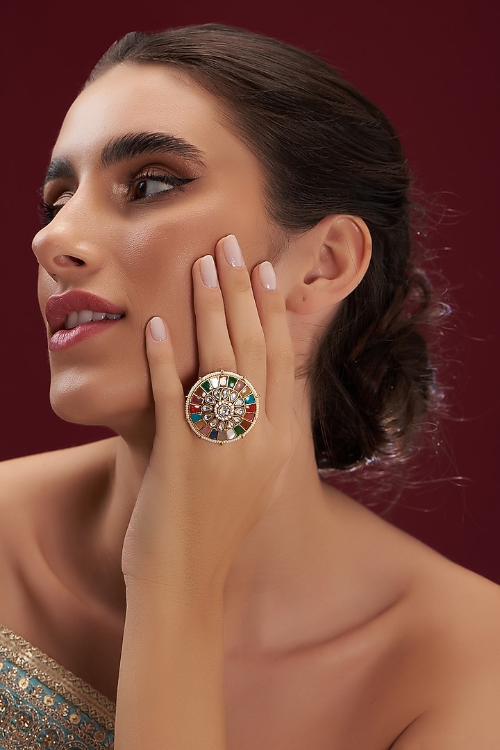 Gold Finish Kundan Polki & Multi-Colored Synthetic Stone Ring by VASTRAA Jewellery at Pernia's Pop Up Shop
