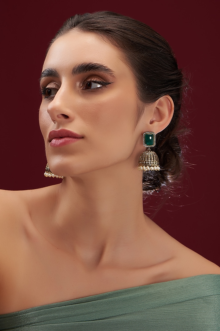 Black Rhodium Finish Kundan Polki & Green Synthetic Stone Jhumka Earrings by VASTRAA Jewellery at Pernia's Pop Up Shop