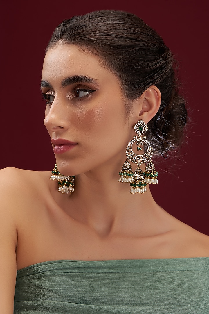Black Rhodium Finish Kundan Polki & Green Synthetic Stone Dangler Earrings by VASTRAA Jewellery at Pernia's Pop Up Shop