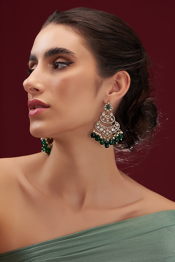 Gold Finish Kundan Polki & Green Synthetic Stone Dangler Earrings by VASTRAA Jewellery at Pernia's Pop Up Shop