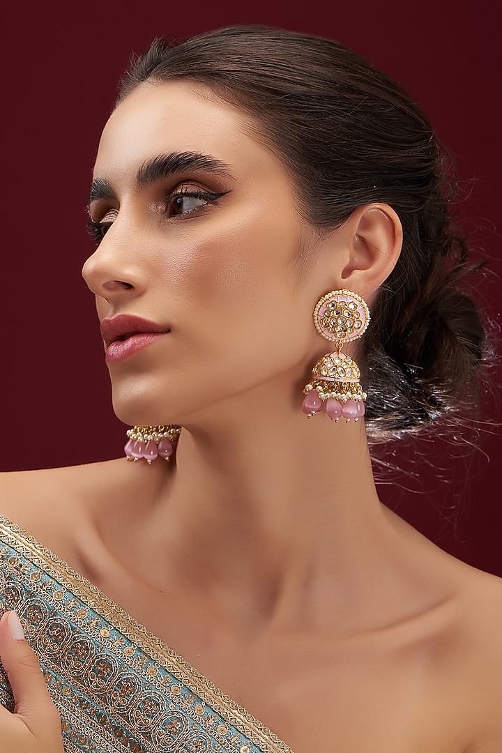Gold Finish Kundan Polki & Pink Bead Drop Jhumka Earrings by VASTRAA Jewellery at Pernia's Pop Up Shop