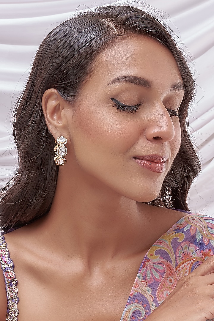 Gold Finish Kundan Polki Hoop Earrings by Vastraa Jewellery at Pernia's Pop Up Shop