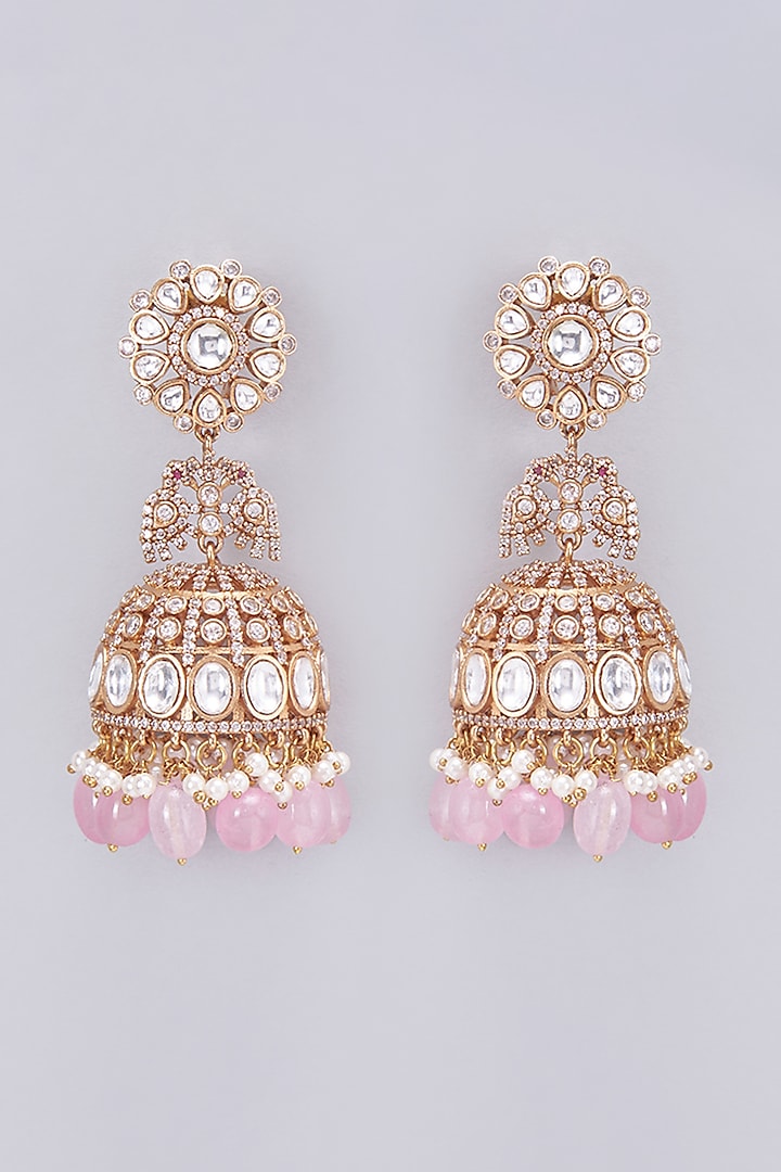 Gold Finish Kundan Polki Pink Beaded Jhumka Earrings by Vastraa Jewellery  at Pernia's Pop Up Shop