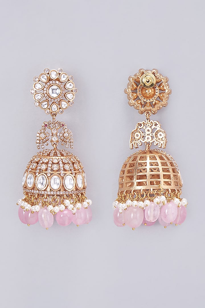 Gold Finish Kundan Polki & Pink Beaded Jhumka Earrings by Vastraa Jewellery at Pernia's Pop Up Shop