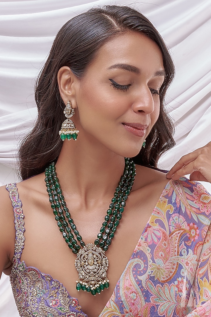 Gold Finish Kundan Polki & Emerald Long Necklace Set by Vastraa Jewellery at Pernia's Pop Up Shop