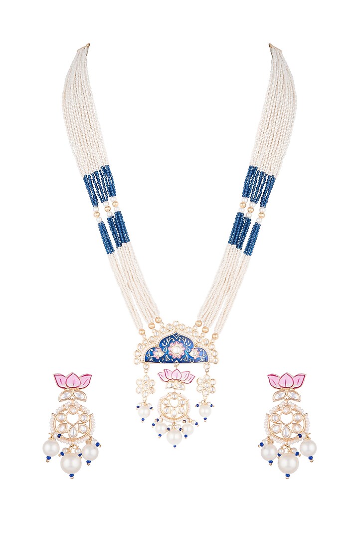 Gold Finish Kundan Polki & Faux Pearl Enameled Mala Necklace Set by VASTRAA Jewellery at Pernia's Pop Up Shop