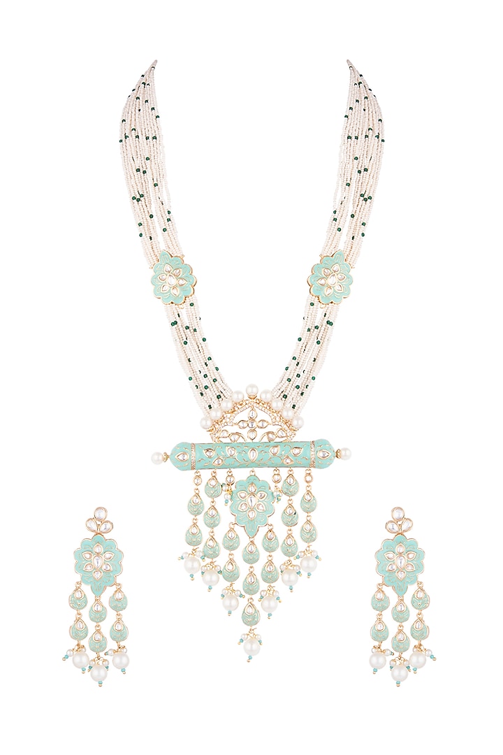 Gold Finish Kundan Polki & Faux Pearl Enameled Long Necklace Set by VASTRAA Jewellery at Pernia's Pop Up Shop