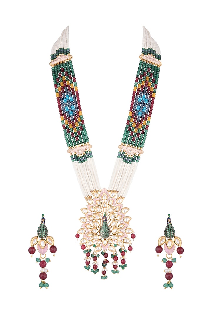 Gold Finish Faux Kundan Polki Enameled Peacock Mala Set by VASTRAA Jewellery at Pernia's Pop Up Shop