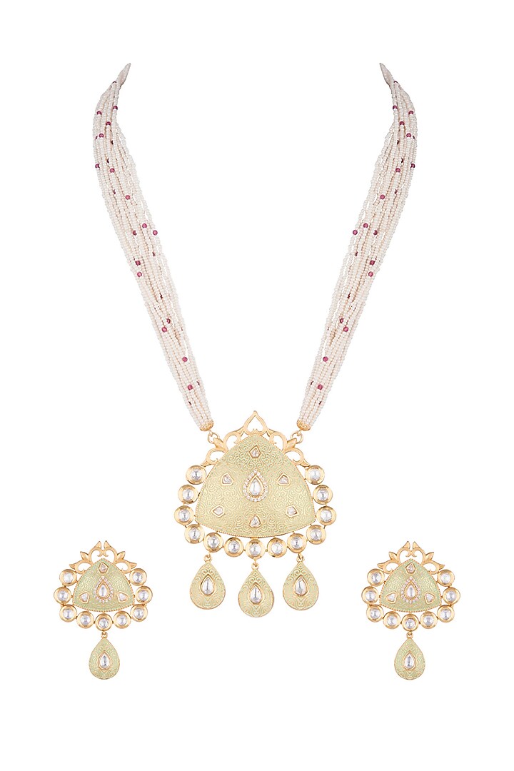 Gold Finish Kundan Polki & Faux Pearl Green Enameled Necklace Set by VASTRAA Jewellery at Pernia's Pop Up Shop