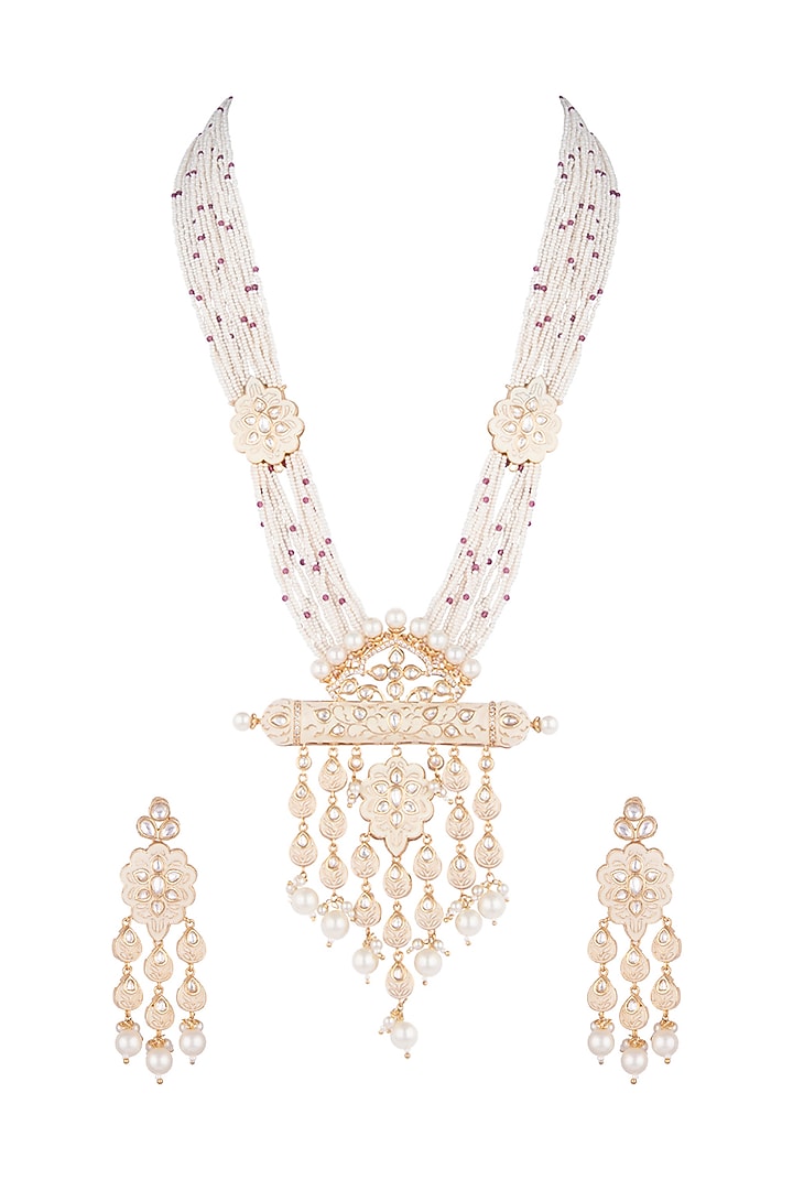 Gold Finish Kundan Polki & Faux Pearl Enameled Long Mala Set by VASTRAA Jewellery at Pernia's Pop Up Shop