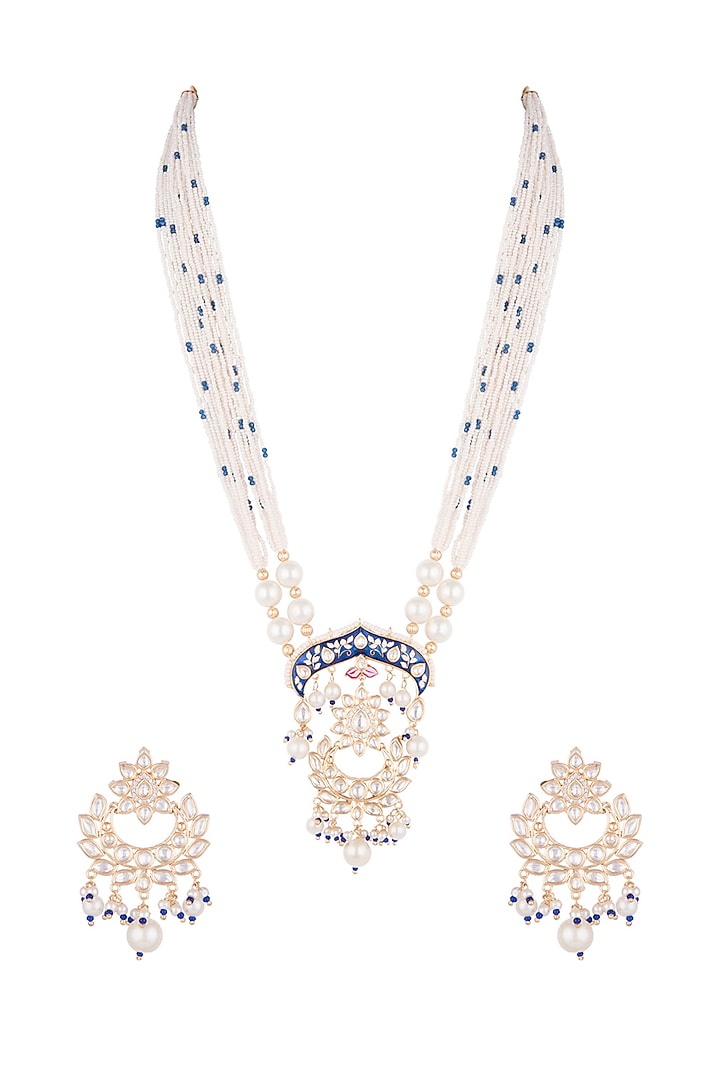 Gold Finish Faux Pearl & Kundan Polki Enameled Mala Set by VASTRAA Jewellery at Pernia's Pop Up Shop