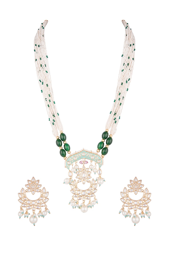 Gold Finish Kundan Polki & Green Stone Enameled Necklace Set by VASTRAA Jewellery at Pernia's Pop Up Shop