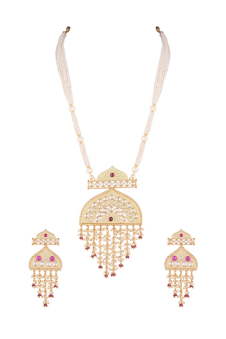 Gold Finish Faux Kundan Polki & Red Stone Long Necklace Set by VASTRAA Jewellery at Pernia's Pop Up Shop