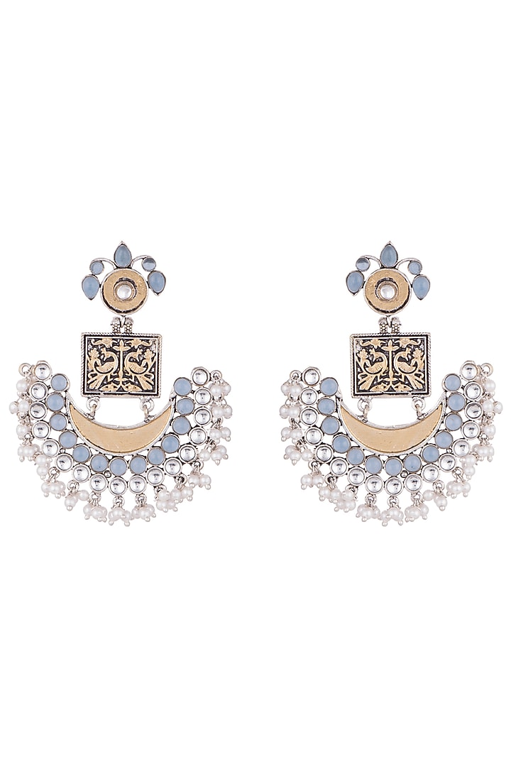 Black Rhodium Finish Kundan Polki & Faux Pearl Earrings by VASTRAA Jewellery at Pernia's Pop Up Shop