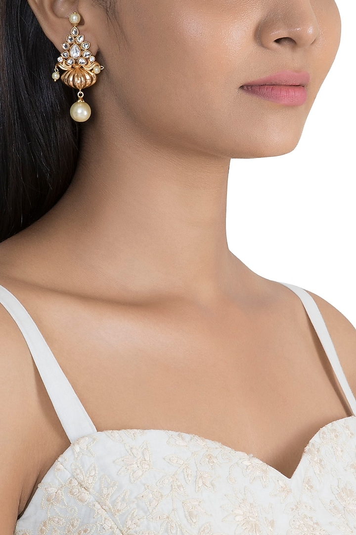 Gold Finish Faux Pearl & Kundan Polki Earrings by VASTRAA Jewellery at Pernia's Pop Up Shop
