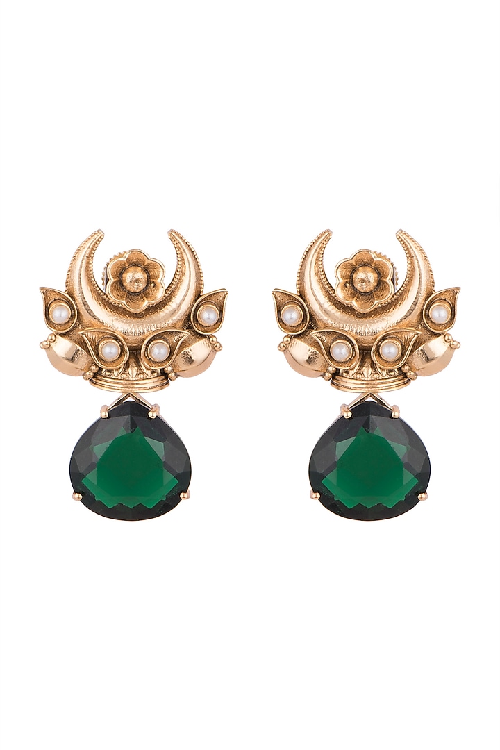 Gold Finish Faux Kundan Polki & Green Stone Earrings by VASTRAA Jewellery at Pernia's Pop Up Shop