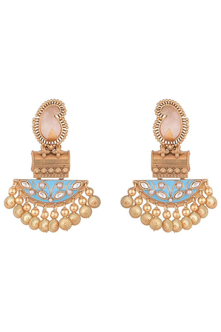 Gold Finish Kundan Polki & Pink Stone Enameled Earrings by VASTRAA Jewellery at Pernia's Pop Up Shop