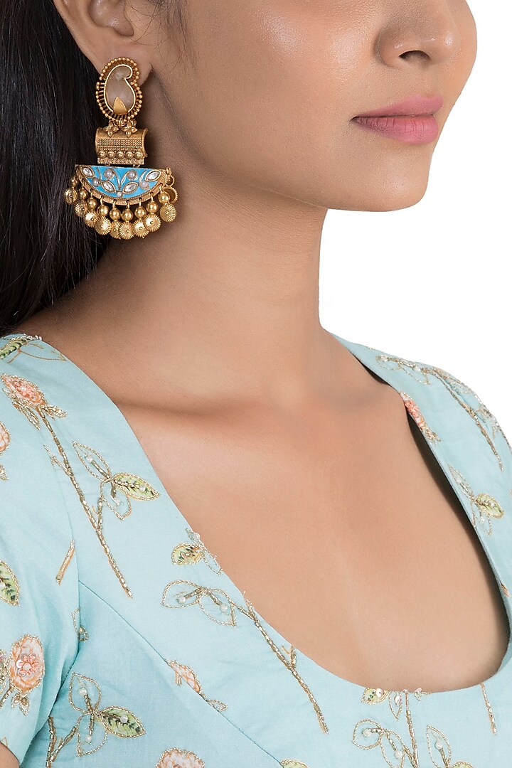 Gold Finish Kundan Polki & Pink Stone Enameled Earrings by VASTRAA Jewellery