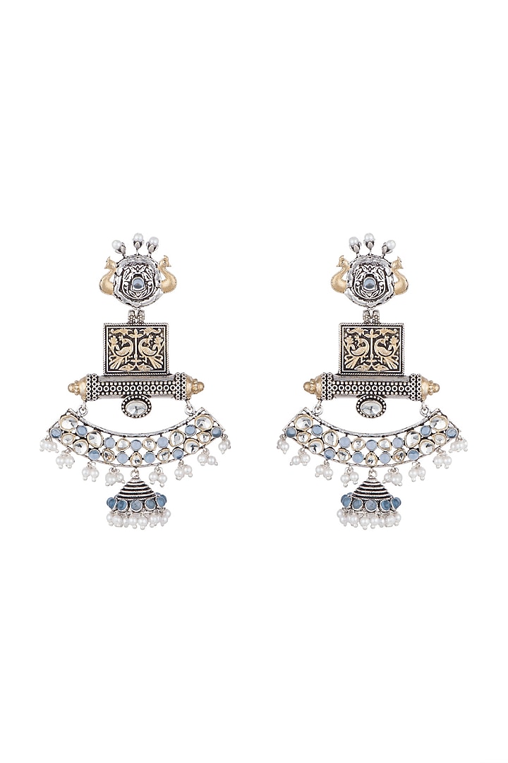 Black Rhodium Finish Faux Pearl & Blue Stone Earrings by VASTRAA Jewellery at Pernia's Pop Up Shop