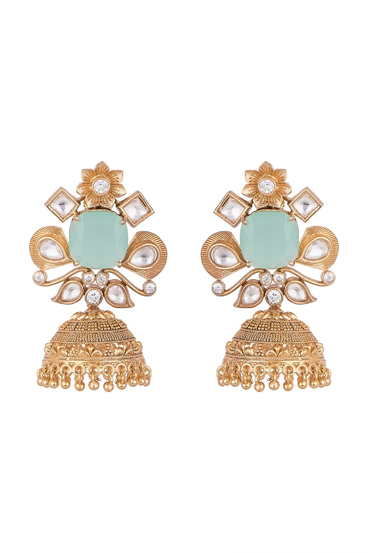 Gold Finish Blue Stone & Faux Kundan Polki Earrings by VASTRAA Jewellery at Pernia's Pop Up Shop