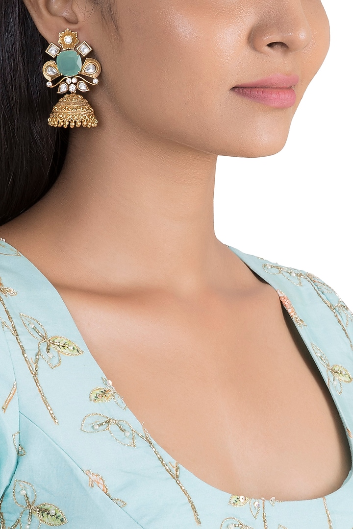 Gold Finish Blue Stone & Faux Kundan Polki Earrings by VASTRAA Jewellery at Pernia's Pop Up Shop