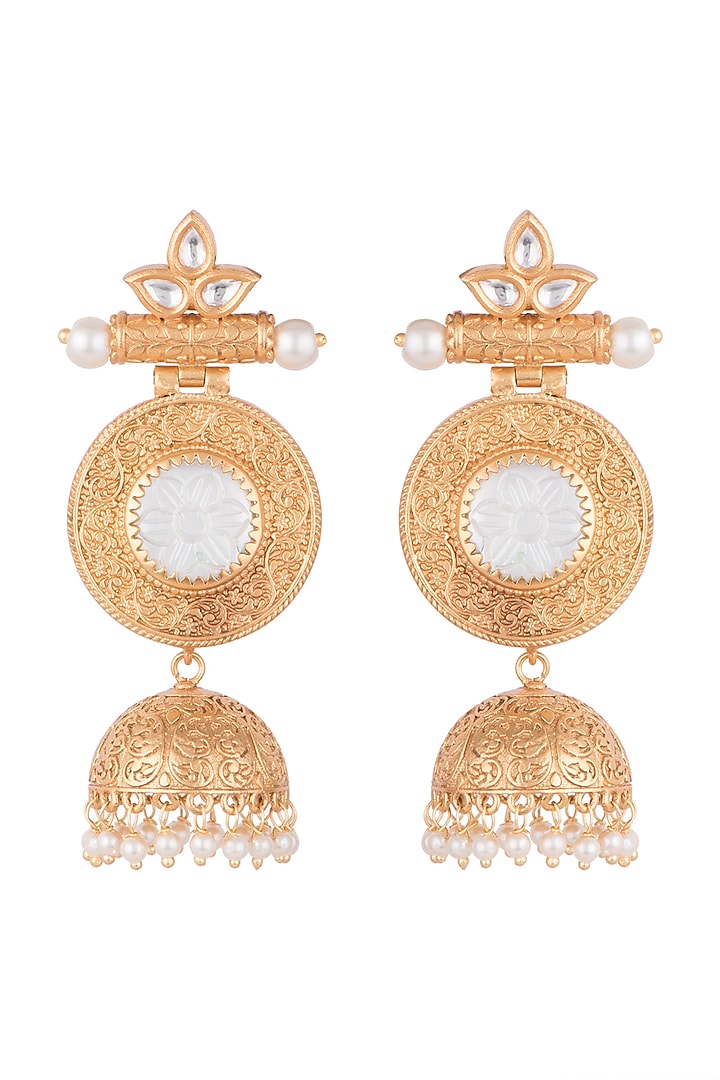Gold Finish White Stone & Kundan Polki Jhumka Earrings by VASTRAA Jewellery at Pernia's Pop Up Shop
