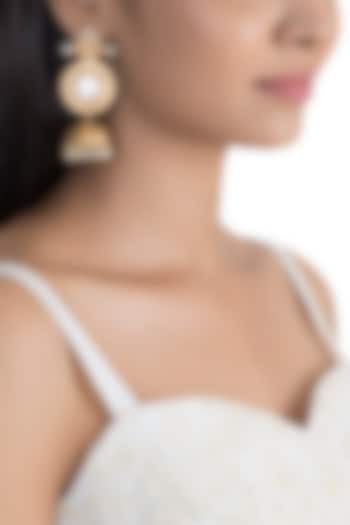 Gold Finish White Stone & Kundan Polki Jhumka Earrings by VASTRAA Jewellery